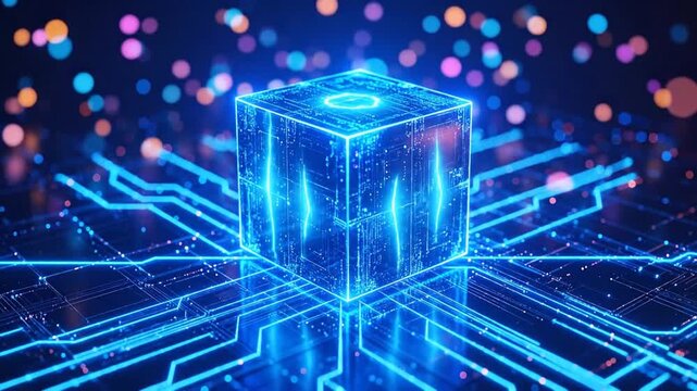Glowing digital cube at the center of a network of neon light circuitry and bokeh lights
