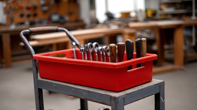Red tool tray filled with wrenches and wooden handled tools on a cart in a workshop