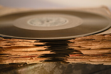 tack of vinyl chloride experimental disc. Soviet vinyl disc from Soviet times. Shallow depth of field