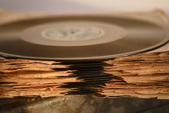 tack of vinyl chloride experimental disc. Soviet vinyl disc from Soviet times. Shallow depth of field