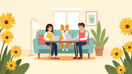 Naklejka na ściany i meble Cozy home scene with two people and a dog working on laptops