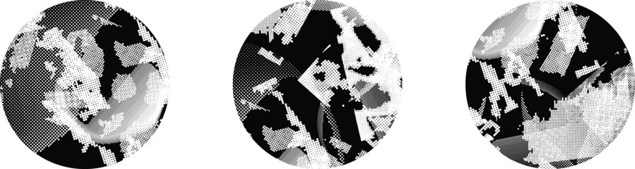 Textured circles vector set. Glitched social media templates . Trendy defect error shapes . Glitched frame .Grunge textured. Distressed effect. Shapes with a halftone dots screen print texture. 