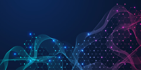 Obraz na płótnie Canvas Molecular abstract structure and genetic engineering DNA. Healthcare and medicine background concept. Scientific research background. Wave flow. Innovation pattern. Vector illustration.