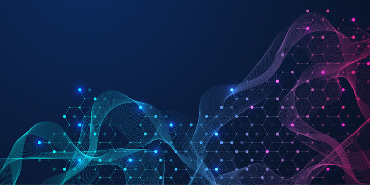 Molecular abstract structure and genetic engineering DNA. Healthcare and medicine background concept. Scientific research background. Wave flow. Innovation pattern. Vector illustration.