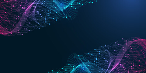 Modern technology circuit board texture background design. Quantum computer technologies concepts, large data processing. Futuristic blue circuit board background. Minimal vector motherboard