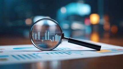 Magnifying Glass Examining Business Charts and Data Analytics in a Focused Office Environment