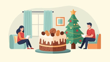 Naklejka premium Cozy Christmas scene with a couple reading near a decorated tree and cake