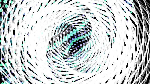 Abstract digital vortex tunnel with glowing cyan dots and swirling white light trails, futuristic graphic background
