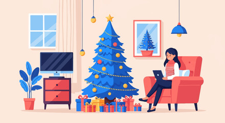 Cozy Christmas scene with woman on laptop near decorated tree and presents