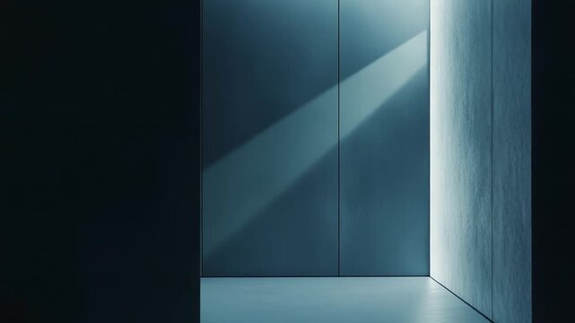 Abstract interior scene featuring geometric walls and a bright beam of light cutting through a dark, empty space, symbolizing hope, future, and new opportunities