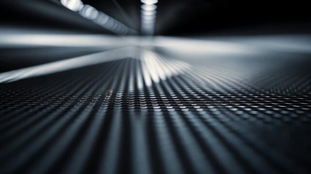 Macro view of metallic grid texture with reflective surface and blurred background elements