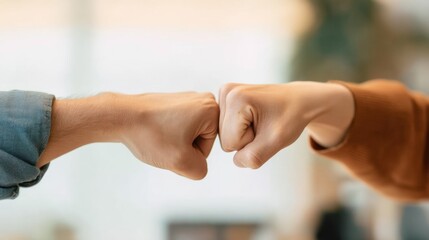 Fototapeta premium Two People Performing Fist Bump Gesture in a Bright Indoor Setting