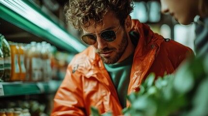Obraz premium This image depicts a stylish young man wearing sunglasses while choosing fresh greens in a supermarket, embodying a modern lifestyle focused on health and conscious eating choices.