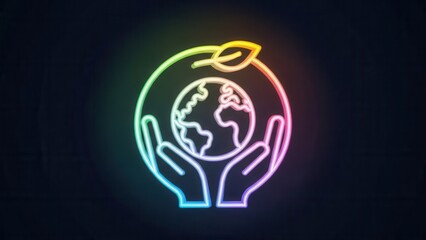 Fototapeta premium Vibrant neon illustration of hands holding the globe, encircled by a leaf, symbolizing ecological