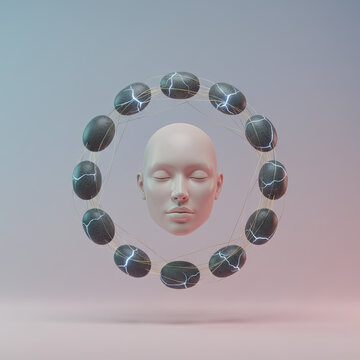 Calm human face surrounded by floating stones symbolizing stability and balance, Ai Generate.