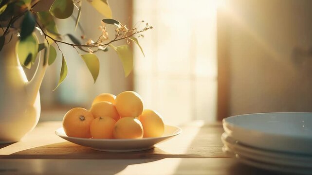 Fresh oranges fill a white bowl on a rustic wooden table, basking in warm morning sunlight streaming through a window, creating a serene and inviting atmosphere with scattered kitchenware