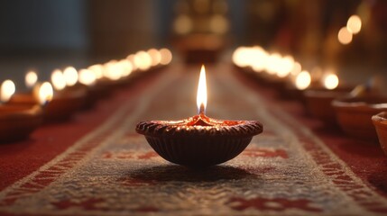 Lit diya lamp with other lamps in the background