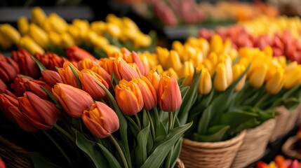 A vibrant display of tulips in various colors fills the shop, capturing the beauty of spring season and the vibrant, colorful essence of floral arrangements for cheerful decor.