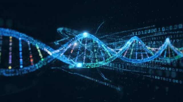 Futuristic glowing blue DNA double helix structure with digital data streams in a dark scientific background.