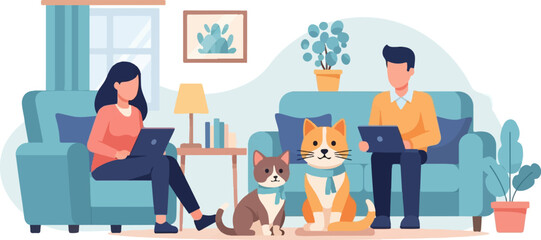 Naklejka na ściany i meble Cozy home scene of two people and cats working on laptops on sofas