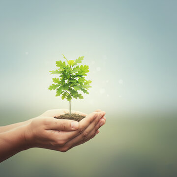 Person holding a small tree symbolizing sustainability and environmental care, Ai Generate.