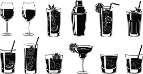 Collection of black and white of alcoholic and non-alcoholic drinks and bar tools © Minara Art