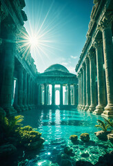 Ancient submerged city with dome and pillars bathed in underwater sunlight rays