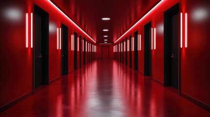 Fototapeta premium A striking red hallway lined with doors illuminated by neon lights creates a dramatic, futuristic atmosphere, symbolizing mystery and anticipation in an abstract space.