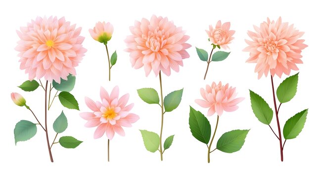 A lovely assortment of detailed illust ns featuring soft pink dahlia flowers in various stages of bloom alongside buds and green leaves all set against a clean white backdrop