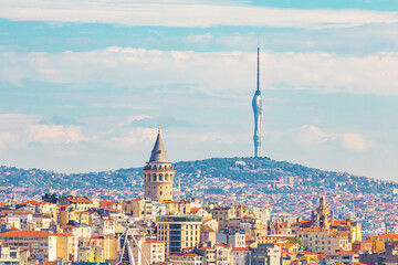 Fototapeta premium The Galata Tower and the Istanbul TV Tower on a sunny day.
