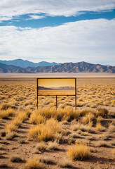 Rusty billboard in dry desert grass with mountains and cloudy sky