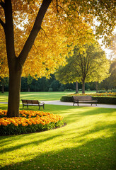 Autumn park with colorful flowerbeds sunlit yellow trees and green grass