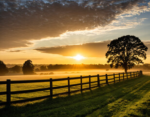 Sunrise over grassy field with wooden fence and misty trees