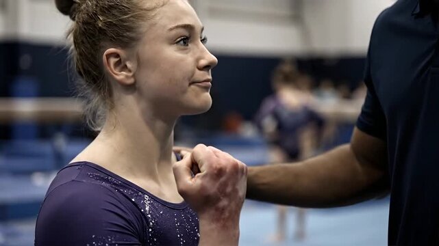 A young gymnast shows struggle and persistence as she receives guidance from a coach in a training session indoors.
