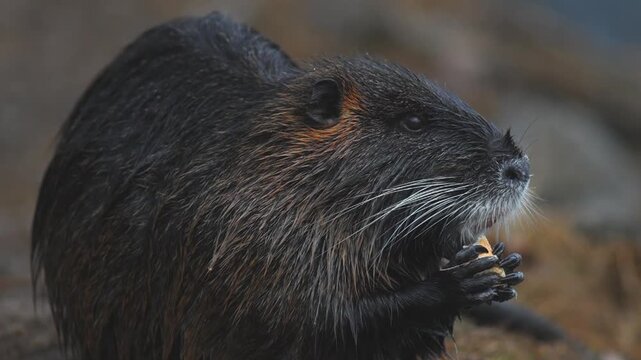 Individuals of nutria Myocastor coypus looking for food on winter time river