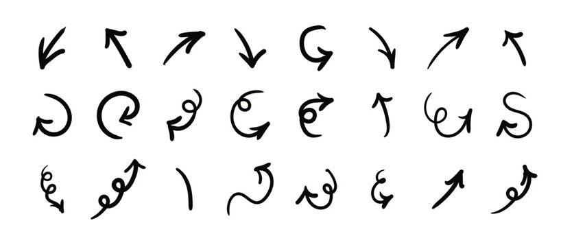 Black hand drawn line brush sketch curved arrows set. Doodle for infographic. Hand drawn arrow set with crayon texture curved and straight, spiral vector illustration.