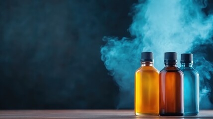 Three colored bottles with smoke rising create a captivating artistic display, inviting curiosity and imagination while exploring the interplay of color and form.