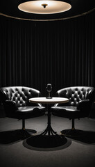 two black retro armchairs with button tufted cushions face each other in dark soundproof