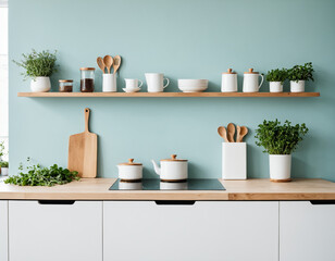 Minimalistic kitchen 00001top with white cabinets wooden surface green potted herbs