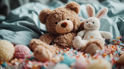 Fototapeta premium A charming scene featuring a teddy bear and a bunny plush toy nestled amidst vibrant confetti on a soft backdrop, evoking feelings of nostalgia, warmth, and childhood joy.