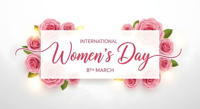 International Women's Day banner with pink roses and gold text on white background