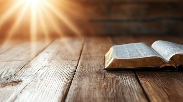 An open Bible rests on a rustic wooden table, radiating warm light and inviting contemplation, symbolizing spirituality, wisdom, and the timeless relevance of sacred texts.