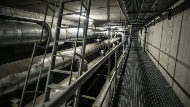 Industrial tunnel exploration with metal pipes and walkway perspective shift