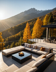 Luxurious glass villa with open terrace overlooking scenic mountain valley at sunset