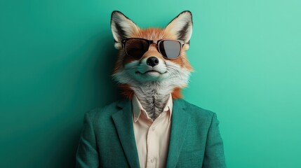 Obraz premium A fashionable fox sporting sunglasses and a suit presents a whimsical and fun concept of anthropomorphism, blending elegance with playful charm.