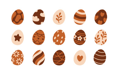 Fototapeta premium Decorated chocolate eggs collection. Easter egg hunt. Hand drawn flat cartoon vector illustration
