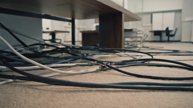 Cables all jumbled up in the office. Cable mess.