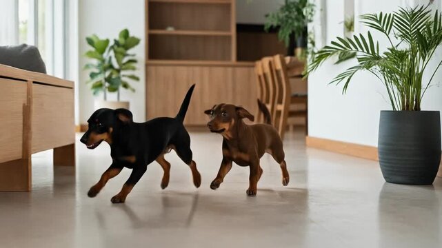 Happy dachshund dogs running inside modern home with plants and furniture in bright living room
