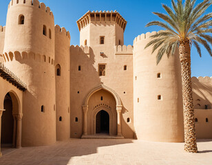 traditional sand-colored fortress with thick walls and arched gate in a sunlit courtyard