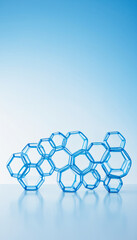 Transparent blue molecular glass network on gradient background with glowing effect